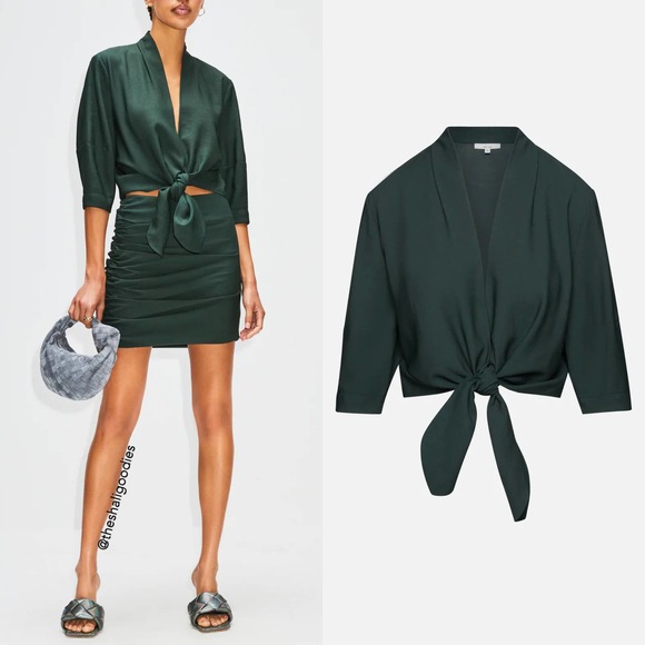 THE SEI Tie Front Silk Blouse Green Top - Picture 3 of 7